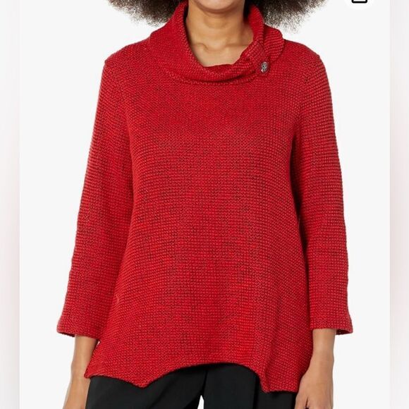 New! MULTIPLES Three Quarters Sleeve Cowl Collar Sharkbite Hem Red Sweater Sz XL - Picture 1 of 14